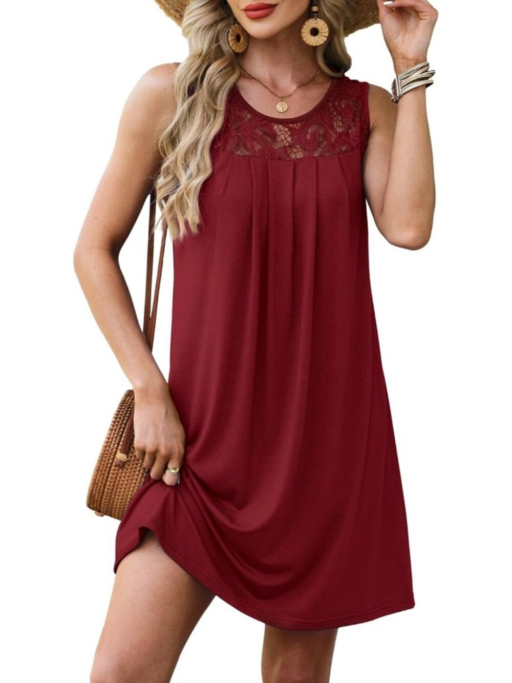 Women's Wine Beach Cover Up Sleeveless Summer Lace Crewneck Sundress Mini Dress